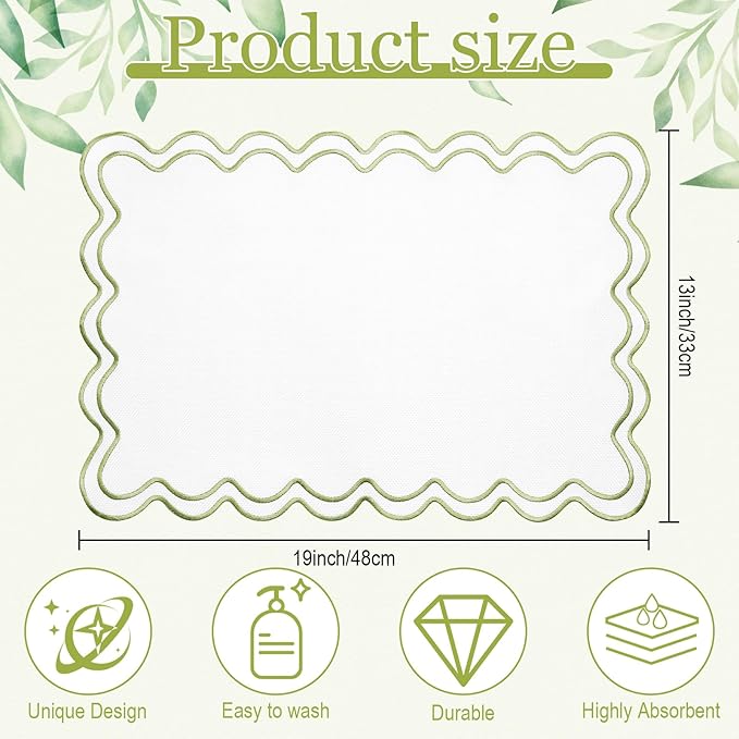 HunnmingRe Set of 6 Cotton Linen Placemats, 13x19 Inch Scalloped Wavy Embroidery Placemat Double Layered Washable Rustic Rectangle Dinner Table Mats for Wedding Home Decor(White with Green)
