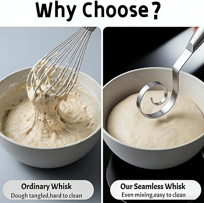 TEEVEA Seamless Danish Dough Whisk Stainless Steel Sourdough Bread Pizza Pastry