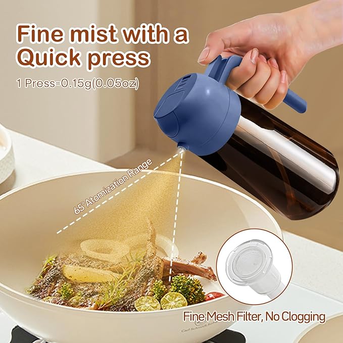 YARRAMATE 16oz/470ml Dark Brown Oil Sprayer for Cooking with Stickers, Food-grade Premium 2 in 1 Olive Oil Dispenser Bottle for Kitchen Gadgets, Air Fryer, Salad, Frying, BBQ (Navy)