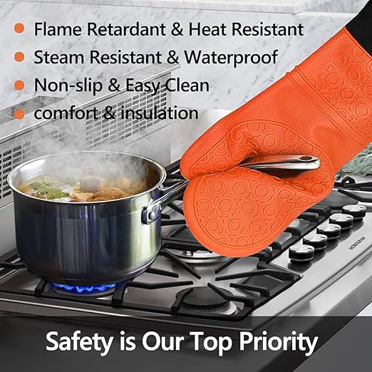Silicone Oven Mitts and Pot Holders Set, MTZRFLL Extra Long Heat Resistant Oven Gloves with Hot Pads and Mini Oven Mittens for Grilling, Kitchen Cooking Baking, Soft Quilted Lining, Pack of 6 (Orange)