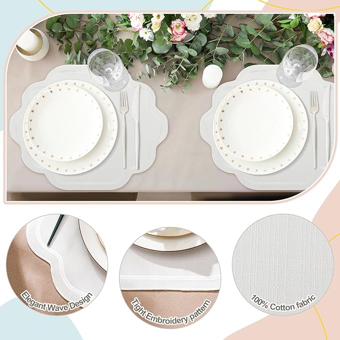Breling 6 Pcs Wedding Placemats Scalloped Embroidered Cotton Linen Placemats 17" x 13" Double Layered Machine Washable Table Place Mat for Party Table Decor (White)