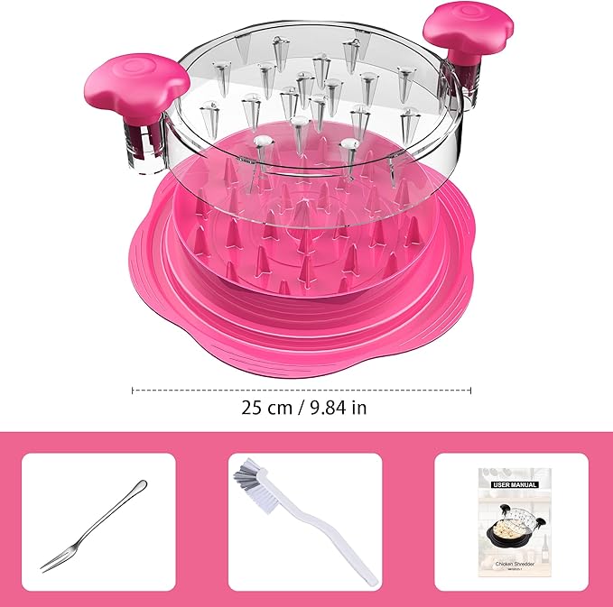 SURETIVIAN Chicken Shredder Large Chicken Breast Shredder Tool Twist with Brush&Fork, Visible Meat Shredder Machine, Anti-Slip Strip, Ergonomic Handle, BPA Free, Pork Beef Chicken(Hot Pink)