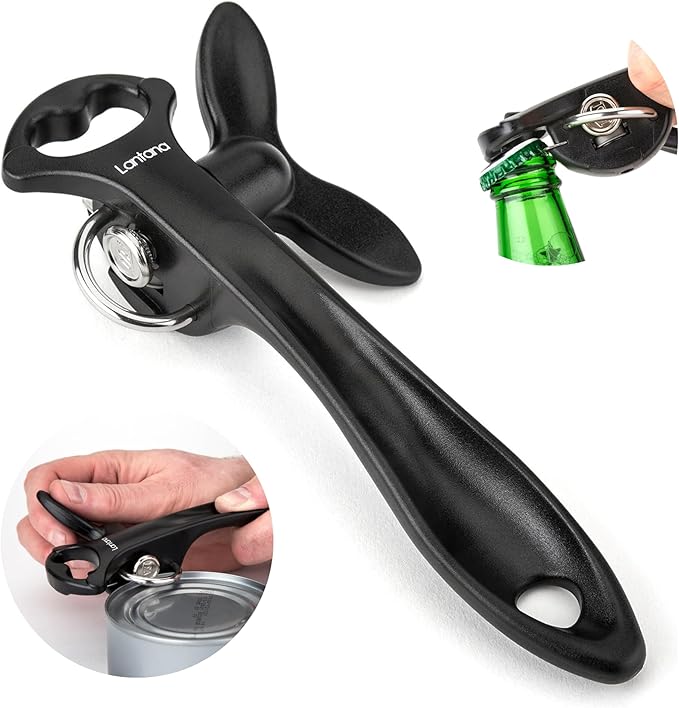 Lantana Smooth Edge Can Opener with Bottle Cap Lifter - Hand Held Manual Safety Tin Opener - Black/Stainless Steel