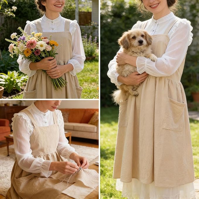Uaussi Cotton Linen Apron Cross Back Work Apron for Women with Pockets Pinafore Dress X Cross Halter Apron for Chef Gardening