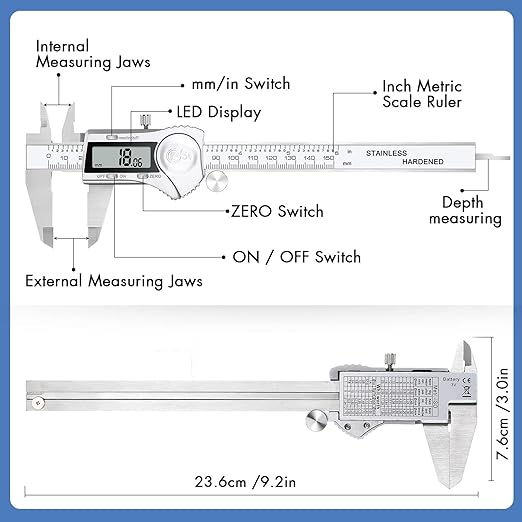 Electronic Digital Calipers, inch and Millimeter Conversion,LCD Screen displays 0-6" Caliper Measuring Tool, Automatic Shutdown, Suitable for DIY/Jewelry Measurement (150mm inch/mm/Fraction)