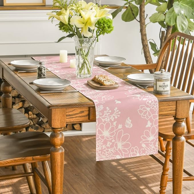 Artoid Mode Pink Bloom Flowers Butterfly Spring Table Runner, Seasonal Holiday Kitchen Dining Table Decoration for Home Party Indoor 13x60 Inch