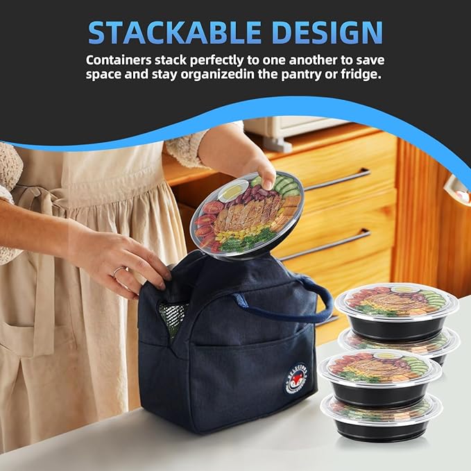 24oz Round Meal Prep Containers with Lids,50-Pack (100 Pcs) Black Disposable Food Storage,Bento Boxes,Stackable,Leak-Proof, BPA-Free,Microwave and Dishwasher Safe