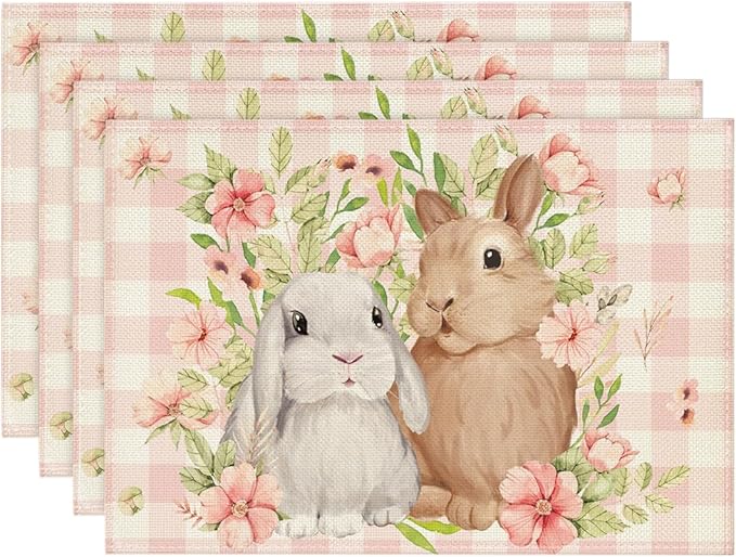 Artoid Mode Bunny Rabbit Flowers Pink Buffalo Plaid Easter Placemats Set of 4, 12x18 Inch Spring Table Mats for Party Kitchen Dining Decoration