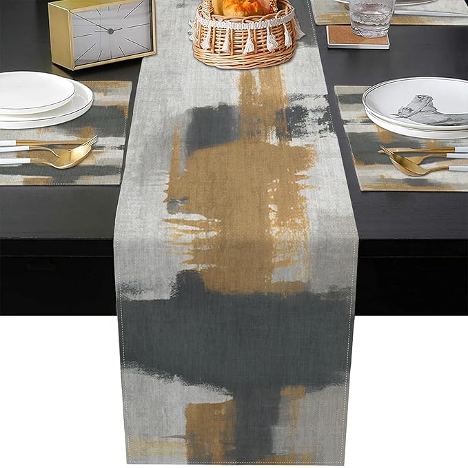 Emvency Vintage Grey Table Runner and Placemats Set of 6, Abstract Dark Gray Brown Decorations for Indoor Outdoor Dining Decor(1 Table Runner 72 inches Long and 6 Placemats)