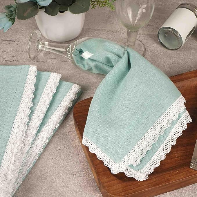 FINGERCRAFT Dinner Cloth Napkin Cotton Linen Blend 4 Pack Mitered Corners with Elegant Lace for Everyday Use Napkins are Pre Shrunk and Good Absorbency Aqua Easter Color