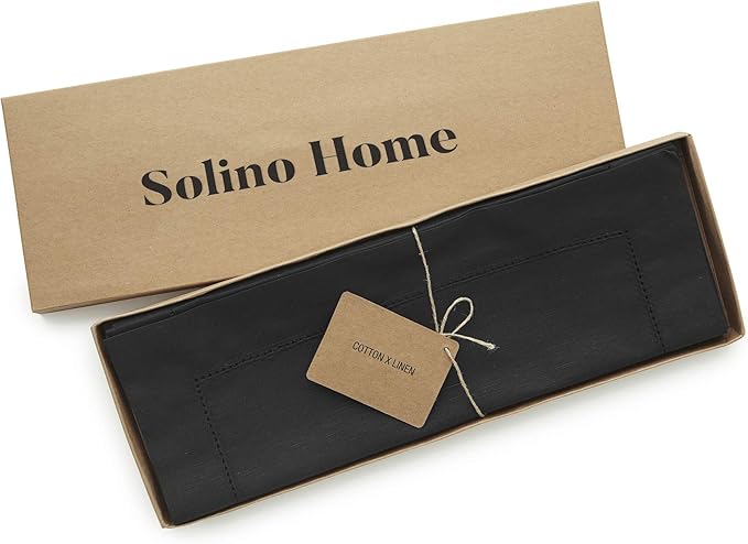 Solino Home Black Placemats Set of 6 - Cotton Linen Hemstitch Placemats 14 x 19 Inch for Spring, Summer, Mothers Day
