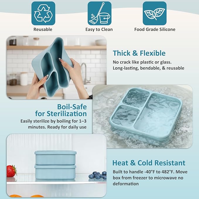 Silicone Bento Box Adult Lunch Container, 3 Compartment Container, Food Grade Silicone Bento Lunch Box for Work Travel Meal Prep, Leak-proof Food Storage Container（1 Pack Nile Blue）
