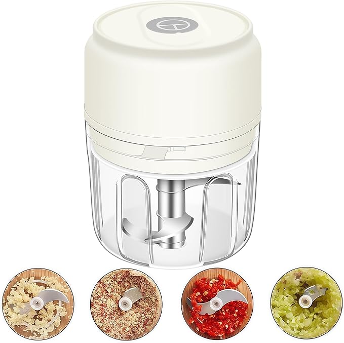 250ml (1 Cup) Electric Garlic Chopper, Portable Garlic Press, Wireless Mini Food Processor, Rechargeable Garlic Chopper Mincer for Ginger, Chili, Onion, Minced Meat and Spices (White)