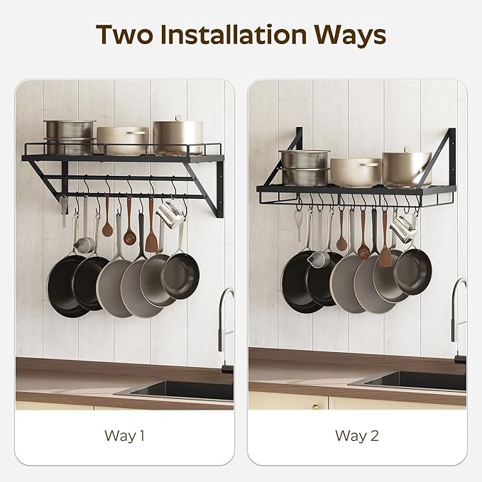 YATINEY Wall Mounted Pot Rack, 23.8 Inch Pot and Pan Organizer with 2 Tier Hanging Rails, 12 S-Hooks, Metal Pot Rack for Kitchen Cookware Organizer, Space Saving, for Kitchen Utensils, Black PR01BK