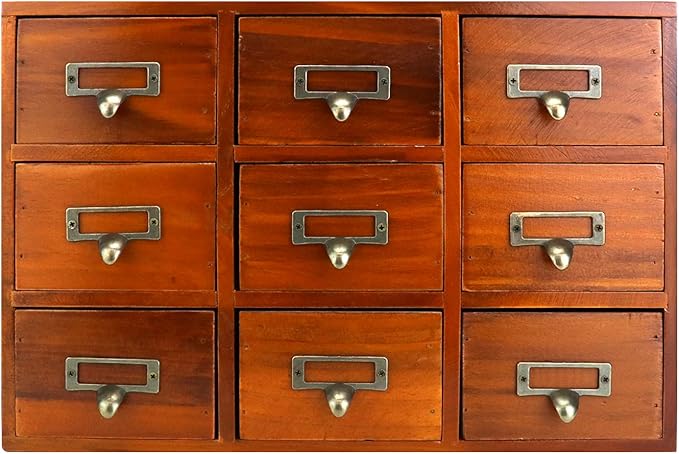 QWORK Desk Drawer Organizer, Wooden Vintage Apothecary Cabinet with 9 Drawers, Home Office & Tea & Dresser Bedroom Organization and Storage, Traditional Apothecary Cabinet