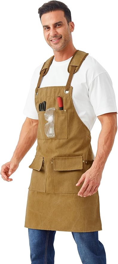 Nanxson Woodworking Apron for Men,Canvas Work Tool Apron Cross Back with Multi-Pockets Waterproof for Carpenter Woodworker