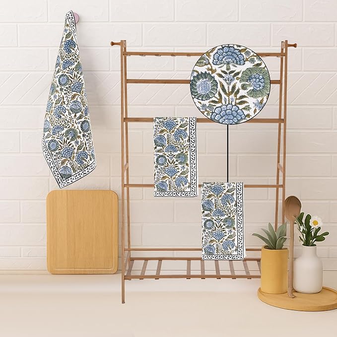 Ridhi Asparagus Green Hand Block Print Waffle Kitchen Towel Set of 3-16 x28 Ultra Absorbent Quick Dry 100% Cotton Waffle Dish Towels Lightweight Reusable Sustainable Tea Towels for Cleaning and Drying