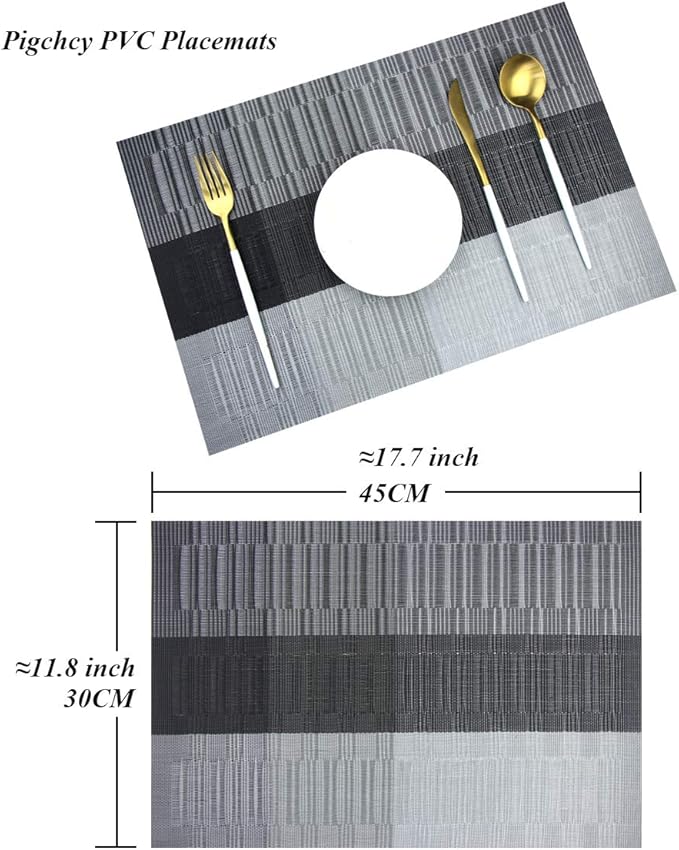 PIGCHCY Placemats Set of 8 Washable Durable Placemat Vinyl Heat Resistant Non-Slip Table Mats Indoor Outdoor (Black)