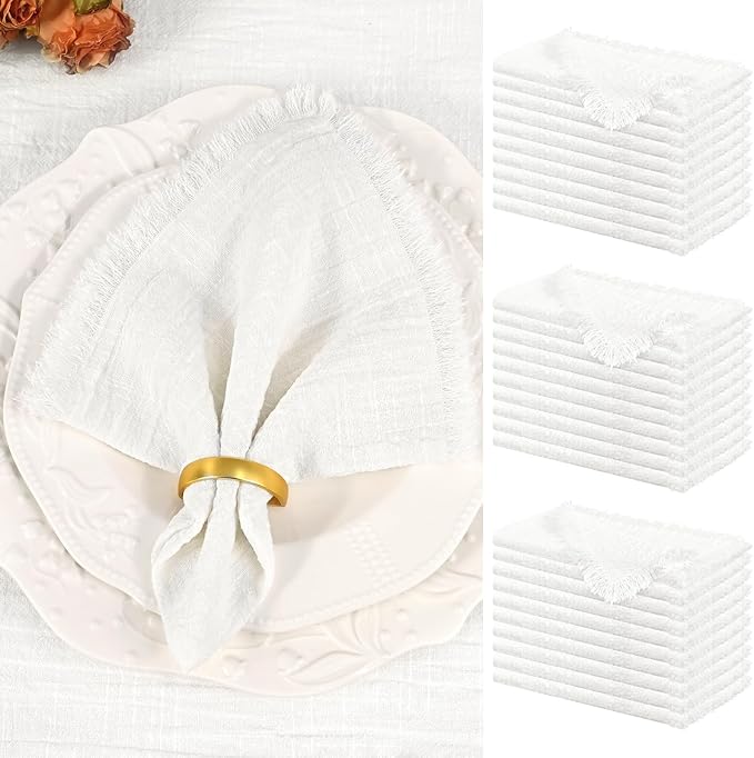 Showgeous 30 Pack White Cloth Napkins with Fringe 16x16 inch 100% Cotton White Napkins Handmade Dinner Napkins Bulk Washable Soft Rustic Table Napkins for Wedding Parties Bridal Baby Shower