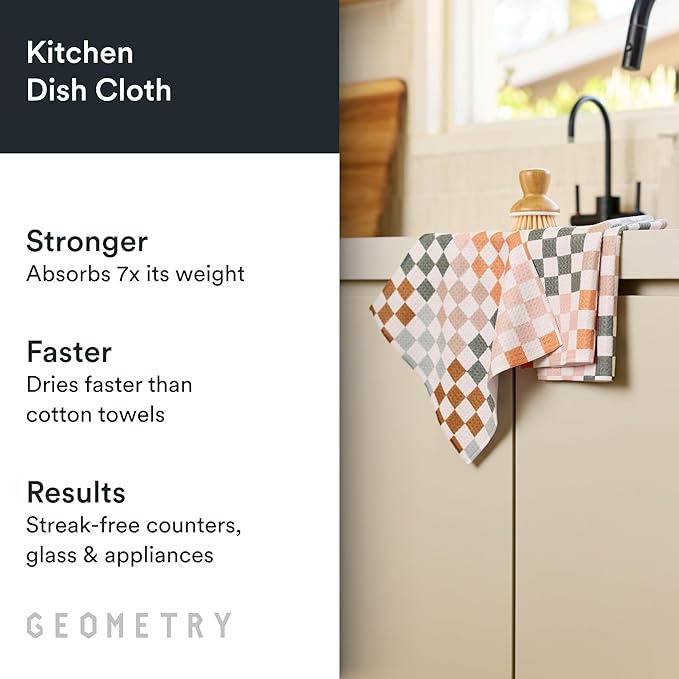 GEOMETRY Kitchen Dish Cloths - Quick Dry Dishcloths for Kitchen - Premium Dish Rags with Geoweave - 3-Pack Set Autumn Checkers