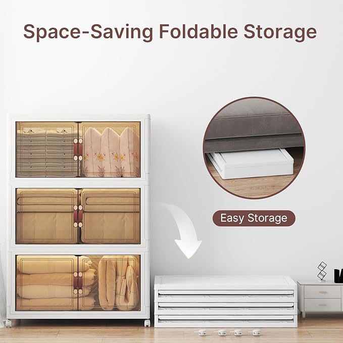 UAMFURI Stackable Storage Bins with Lids, 540QT Closet Organizers, Lockable Storage Cabinet，Foldable Storage Box with Doors and Wheels, Plastic Drawers for Home, Garage, Office (3, White, Extra Large)