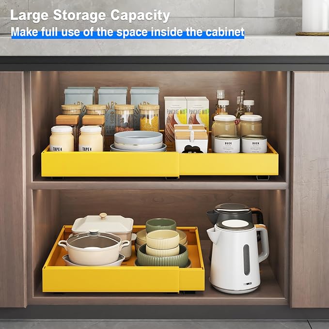 Mustorn 2 Pack Pull Out Cabinet Organizer, Expandable Slide Out Drawers for Kitchen Cabinets Peel and Stick Pullout Drawer Heavy Duty Sliding Shelves for Cupboard, Pantry, Bathroom(16.5" Deep, Yellow)