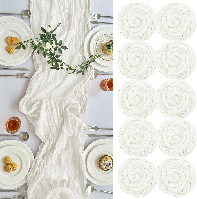 IVAPUPU 10 Pcs Cheesecloth Table Runner - 10ft Ivory White Spring Boho Gauze Cheese Cloth Table Runners for Baby Shower Decorations Wedding Party Garden Farmhouse
