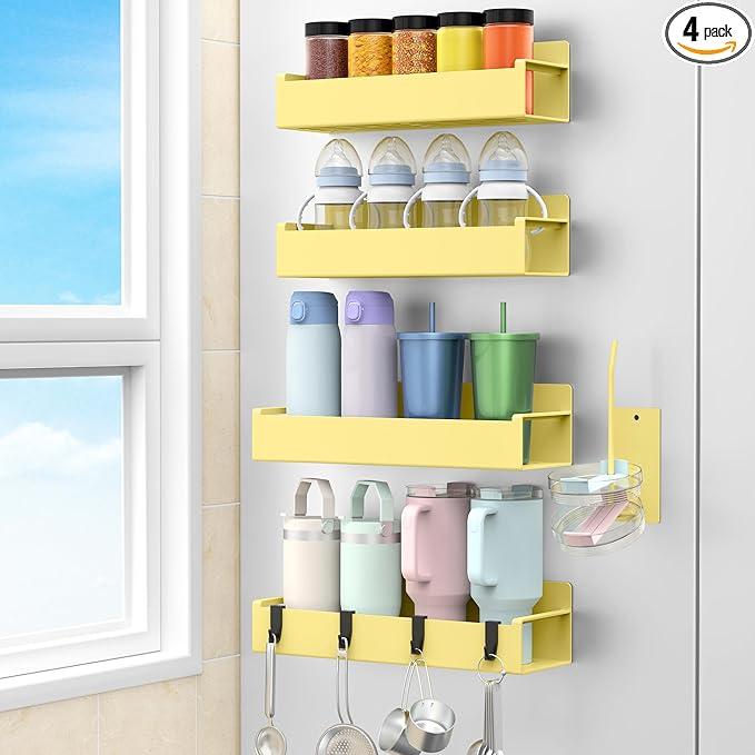 HuggieGems Magnetic Water Bottle Holder for Refrigerator, Cup Holder Organizer for Stanley and Tumbler for Kitchen, 4 Pack, Yellow