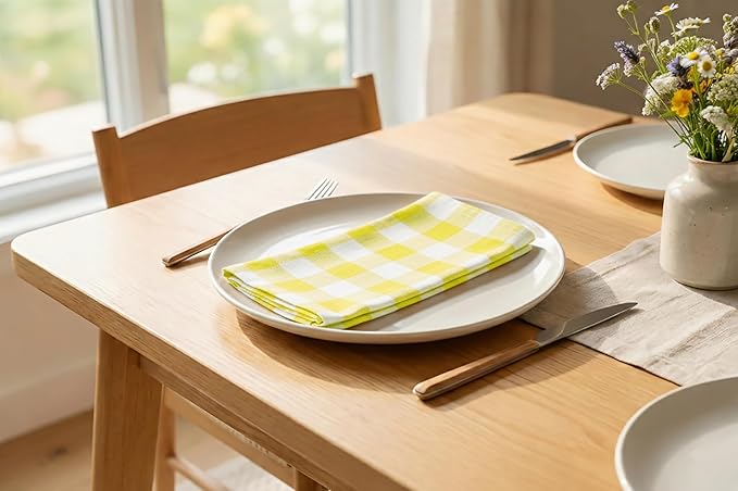PurpleEssences Buffalo Plaid Cloth Napkins - Mitered Corners - Spring Easter Summer - Gingham Check Dinner Napkin - Set of 12-100% Cotton - 18x18 Inch - Reusable Washable - Yellow and White