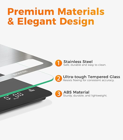 100% Waterproof Food Scale, IP67 Digital Kitchen Scale, Rechargeable (USB-C), 1g/0.1oz Precision, 22lb Capacity, Stainless Steel & Tempered Glass, Large Wide-View Display, Tare, 6 Units, Grey