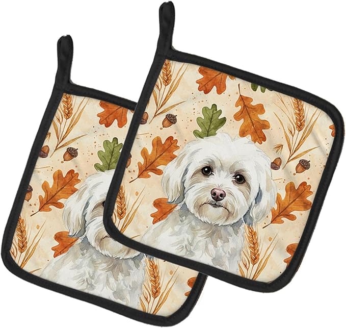 Caroline's Treasures White Havanese Heirloom Fall Pair of Pot Holders Pair 7.5x7.5 Quilted Insulated Hot Pads Decorative Kitchen Gift Made in USA