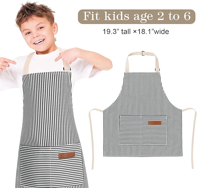 3 Pack Stripes Kids Apron, Adjustable Kids Cooking Aprons with 2 Pockets, Cute Chef Baking Aprons for Boys and Girls