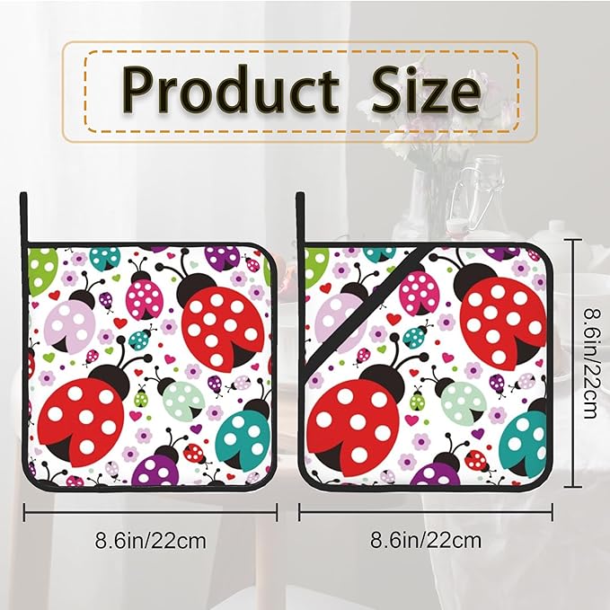 Ladybug Flower Pot Holder Set of 2,Heat Resistant Potholders Oven Hot Pads for Kitchen Cooking Baking BBQ