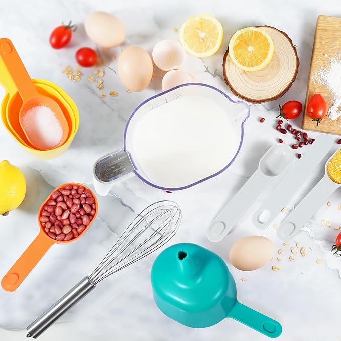 Measuring Cups and Spoons set 10 Pieces, Stackable Measuring Cup with White Lid, Kitchen Cooking Baking Measuring Set for Liquid and Dry, BPA Free, Dishwasher Safe (Multicolor)