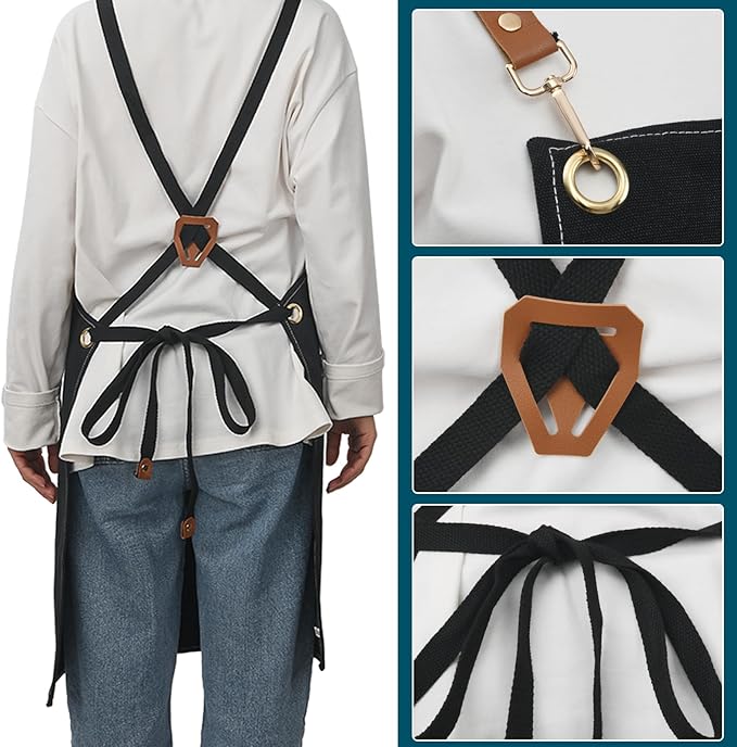Kitchen apron 16oz canvas with cross-back, waterproof and oil-proof, heavy-duty gardening apron with multiple pockets