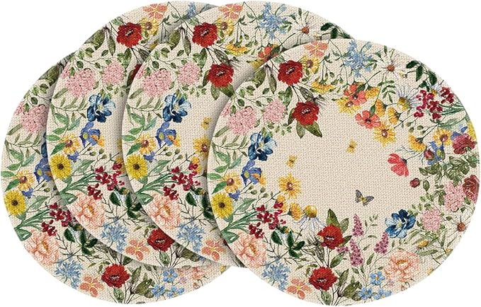 Artoid Mode Vintage Floral Spring Round Placemats Set of 4, 14 Inch Seasonal Holiday Round Table Mats for Party Kitchen Dining Decoration