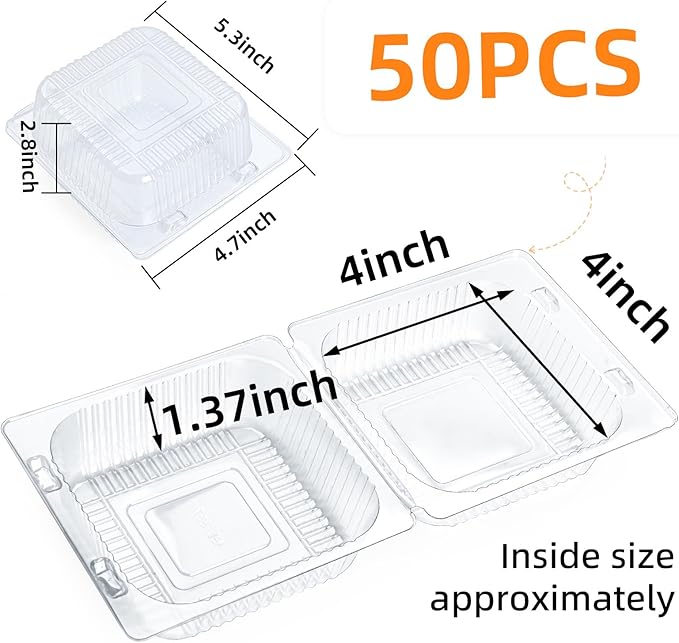 Evnlo 50 Count Clear Plastic Containers with Lids for Food, Thickened Disposable Sandwich Containers Clamshell Boxes for Cake Slice, Dessert, Hamburger, Salad