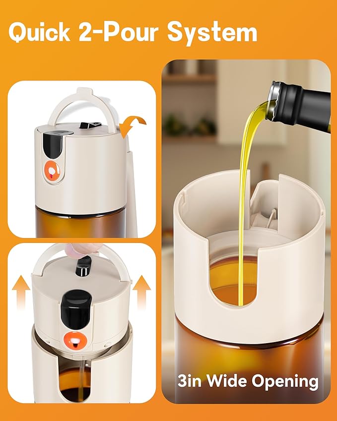 OURCABECUE Upgrade 2 in 1 Oil Sprayer for Cooking, 17oz Light-Blocking Glass Olive Oil Dispenser Bottle for Kitchen,Food-Grade Oil Mister with 8 Stickers for Salad, Frying (Brown Bottle-White Cap)