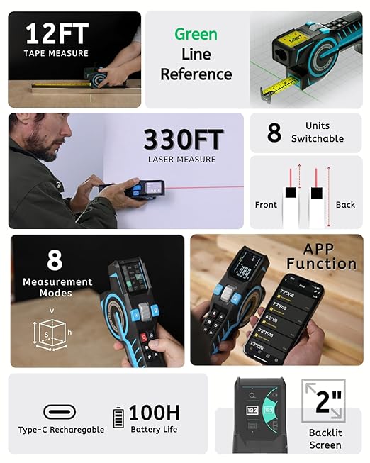 ACEGMET DTX10 digital Laser Tape Measure with Green Alignment Laser, 330Ft Laser Range & 12Ft Steel Tape, High Precision USB-C Rechargeable Smart APP Sync, Measuring Tool for Renovation & Construction