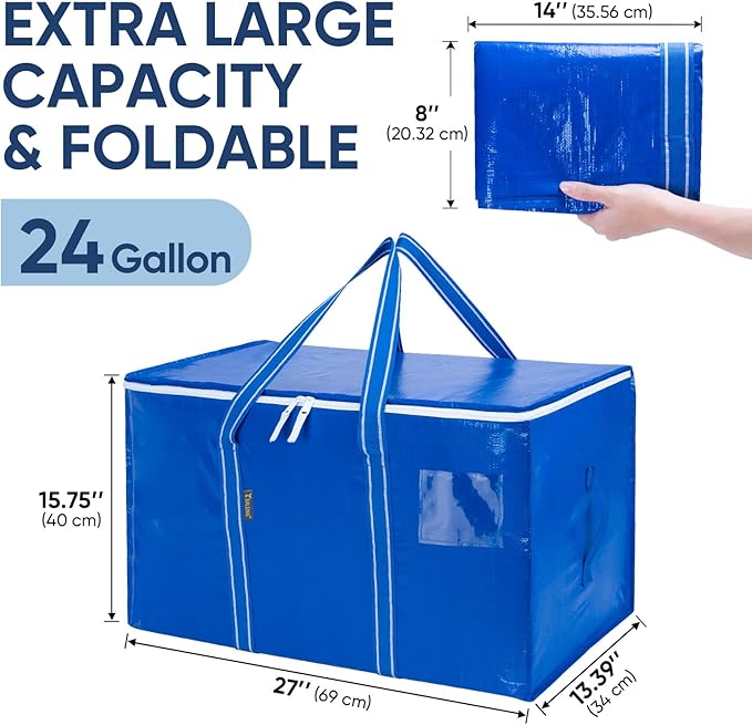 BALEINE 4-Pack Oversized Moving Bags with Reinforced Handles, Heavy-Duty Storage Tote for Clothes, Moving Supplies (Royal Blue, 4-Pack)
