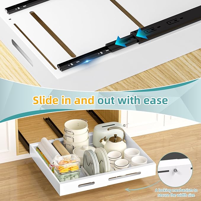 HBL' 2 Pack | 21" Deep Pull Out Cabinet Organizer Adhesive, (13.8" to 22.0") Width Expandable Sturdy Carbon Steel Roll-Out Drawers, Designed for Frameless Cabinets, Slide-Out Shelves for Pantry.