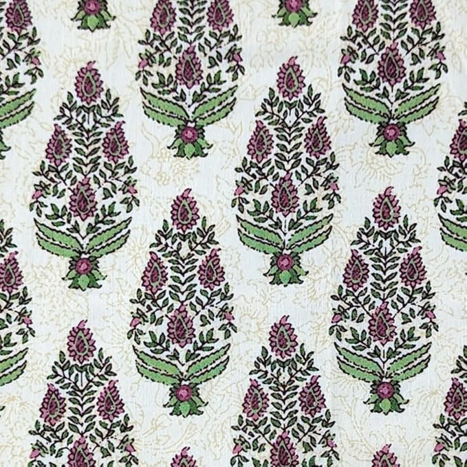 Craftbot Soft Cotton Dinner Napkins 18x18 inches - Washable Thin Cloth Napkins Set of 6 - Everyday Use or Dinner Party and Event - Beige with Green Floral Pattern LIGHTWEIGHT Indian Block Print Fabric