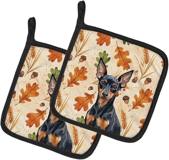 Caroline's Treasures Black and Tan Miniature Pinscher Heirloom Fall Pair of Pot Holders Pair 7.5x7.5 Quilted Insulated Hot Pads Decorative Kitchen Gift Made in USA