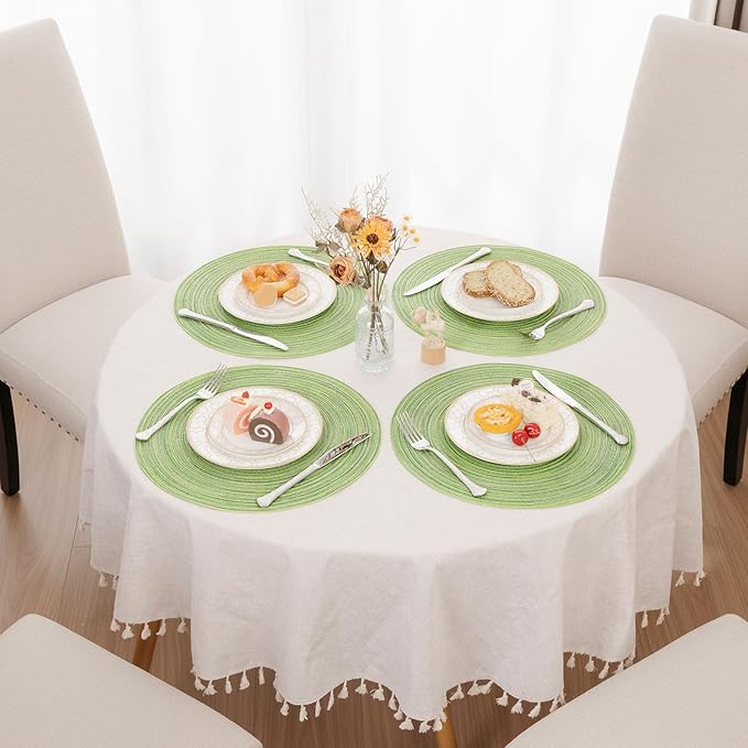 SHACOS Round Placemats Set of 4 Round Table Placemats Braided Cotton Place Mats 15 inch for Kitchen Dining Table Holiday Party (Mixed Color Pea Green, 4)