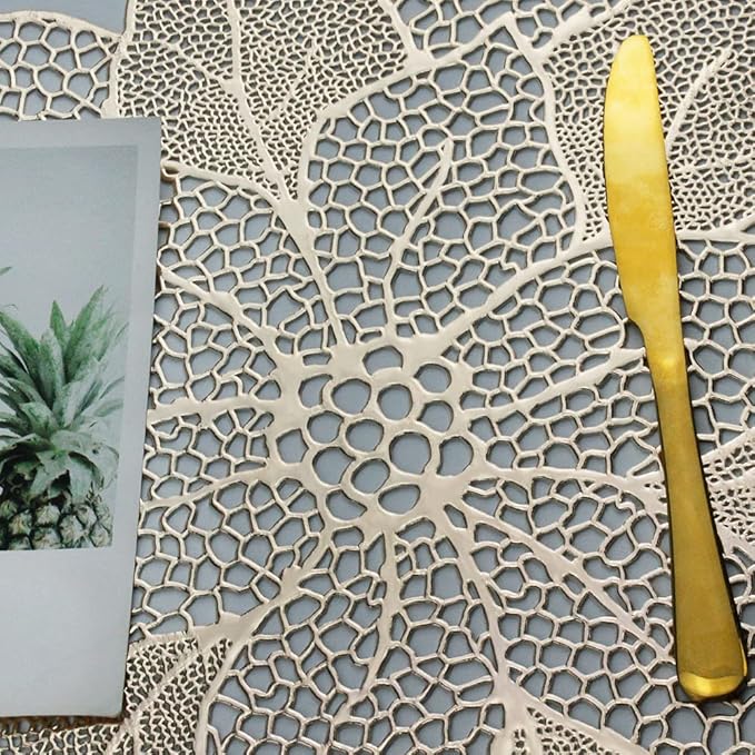 Gold Round Placemats for Dining Table Set of 6 Pressed Vinyl Metallic Table Mats Hollow Out Hibiscus Flower Place Mats for Dinner Decor Holiday Wedding Accent Centerpiece