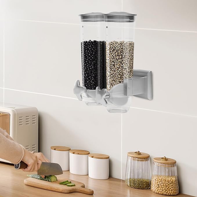 2 Pack Cereal Dispensers,Wall Mounted Dry Food Dispenser,Large Capacity Candy Dispenser,Grain Storage Dispenser,Rice Dispenser w/Cup for Kitchen Storage Oatmeal Snack Coffee Beans Nuts 3L (Silver)
