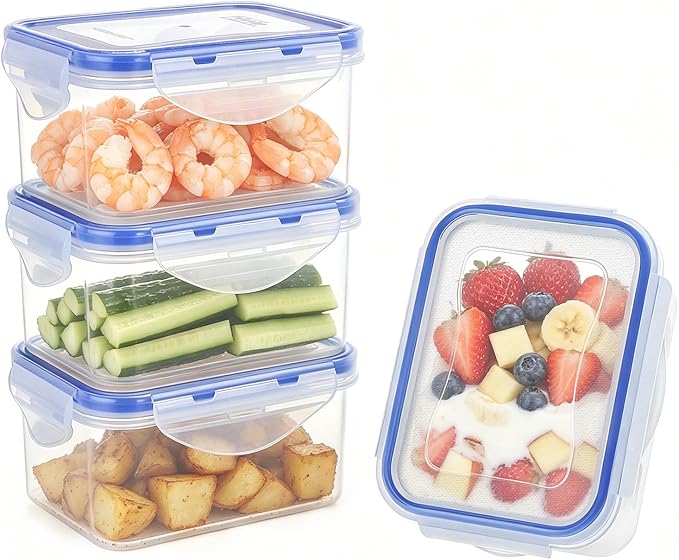 KIGI Small Food Storage Containers, Rectangle, 4-Sided Locking Airtight Lids, BPA-Free Plastic, Leak-Proof for Lunch, Meal Prep, Snack & Portion Control, 17 oz / 2.1 Cup, 8 Piece Set