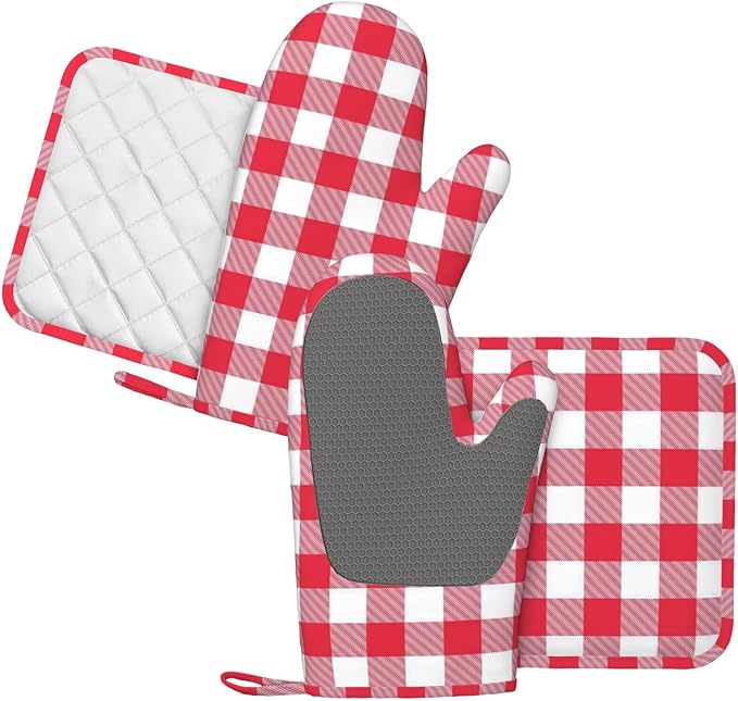 Red and White Checkered Oven Mitts and Pot Holders Set, 4pcs Red and White Plaid Silicone Oven Glove for Kitchen Heat Resistant Oven Mitts and Potholders Non-Slip for Cooking