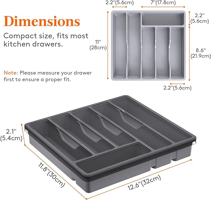 Lifewit Silverware Organizer with Lid, Covered Utensil Tray for Kitchen Drawer and Countertop, Plastic Cutlery and Flatware Storage Box for Spoons Forks Knives Holder Case, 12.6x11.8", Gray