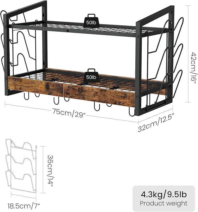CHOEZON Hanging Pot Rack, Pot Rack Wall Mounted, 2-Tier Kitchen Pot and Lid Organizer, Wall-Mounted Pot Rack with 12 Hooks, for Kitchen Storage of Pots, Pans, Utensils, Rustic Brown TPR02BF